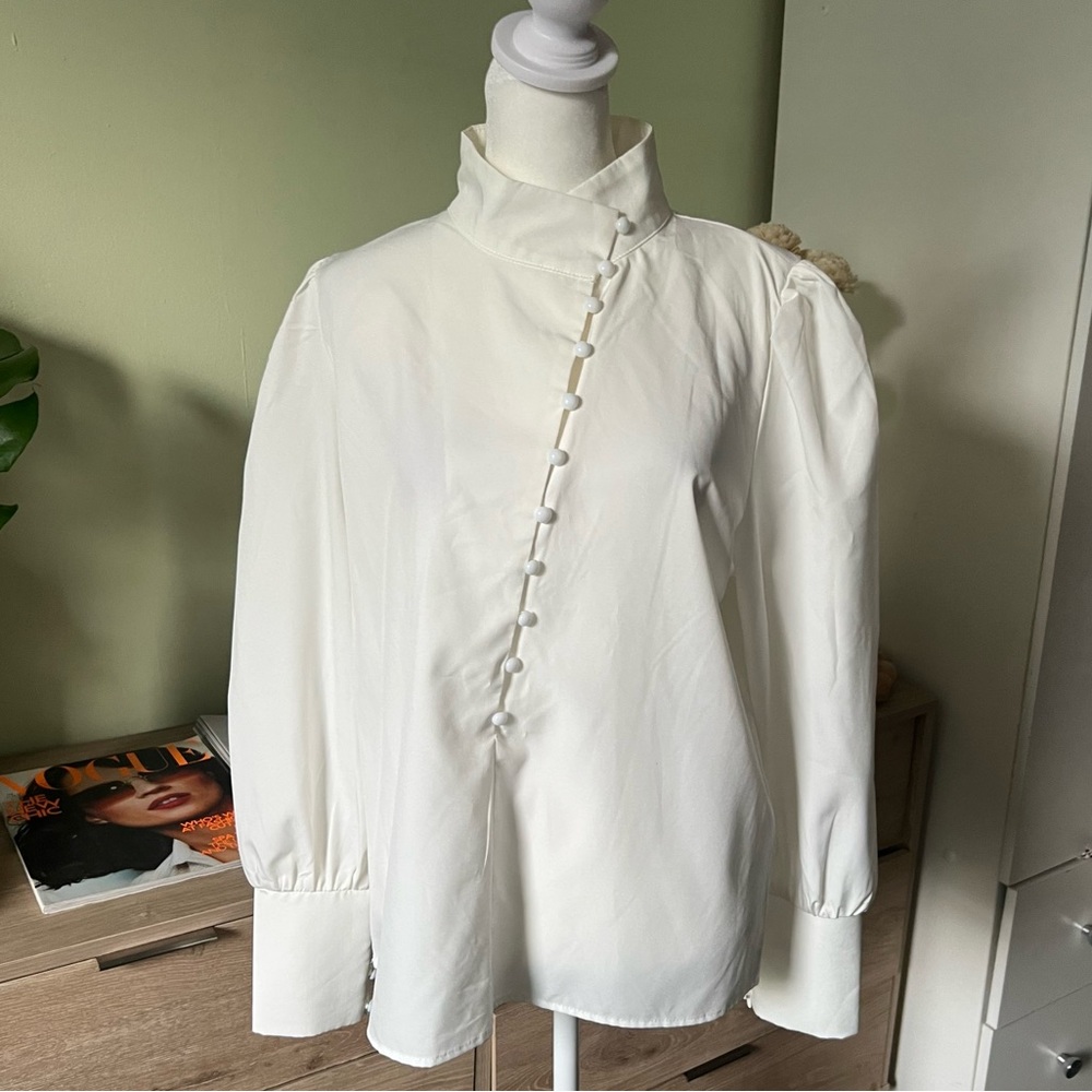 Off-White High Mock-Neck Long Sleeve Modest Asymmetrical Button Dow Shirt Blouse - Picture 2 of 16